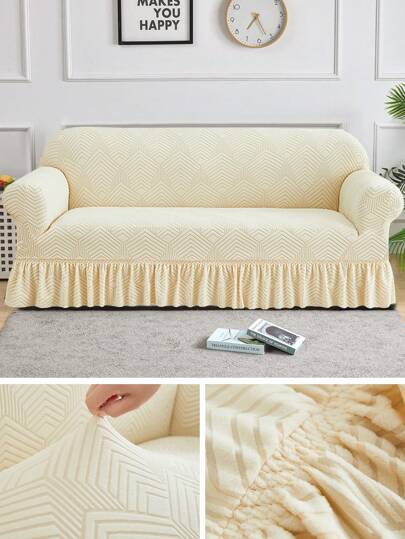 1pc Geometric Pattern Jacquard Skirt Edge Style Thickened Stretch Sofa Cover, Dustproof And Dirt-Resistant, Elastic One-Piece Full Coverage Sofa Protector, Home Decor, Machine Washable