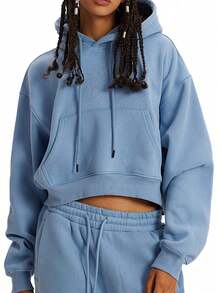 2 Unids/Set Mujer Trajes Capucha Térmica Con Bolsillo De Canguro Con Cordón Con Pantalones Deportivos Navidad Ropa Mujer - Azul - Ver 7