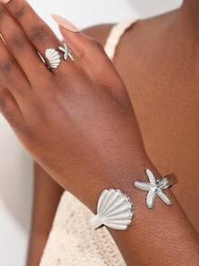 1套女裝時尚套裝，極簡海洋風格，個性化海貝殼、海星、金色手鐲、戒指套裝，適用於日常通勤、派對等 - 海星貝殼套裝 - 查看 2