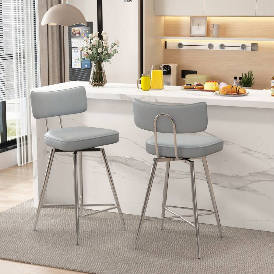 Swivel Bar Stools Set Of 2, 26" Modern Counter Height Barstools, Leather Kitchen Stools With Back Footrest Metal Legs, Bar Chairs For Kitchen Island, Cafes, Dining Room - 深灰色 - 查看 1