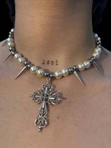 1pc Gothic Cross Spiked Pearl Necklace, Metal Accessories For Daily Outfit And Party