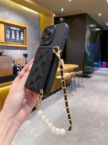 1 Ốp lưng điện thoại dạng ví chống vân tay đính ngọc trai thời trang, tương thích với Apple/Redmi/VIVO/Infinix/OPPO/Reno - màu đen - Xem 4