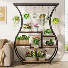 LITTLE TREE 6-Tier Plant Stand, 70.9 Inches Tall Industrial Plant Shelf With 10 Hanging Hooks, Potted Plants Flower Bonsai Pots Display Rack For Living Room, Garden, Balcony, Rustic Brown - 質樸棕色 - 查看 7