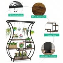 LITTLE TREE 6-Tier Plant Stand, 70.9 Inches Tall Industrial Plant Shelf With 10 Hanging Hooks, Potted Plants Flower Bonsai Pots Display Rack For Living Room, Garden, Balcony, Rustic Brown - 質樸棕色 - 查看 2