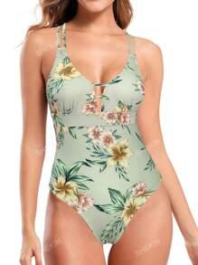 SHEKINI Ladies' Deep V-Neck Hollow Floral Printed One-Piece Swimsuit With Straps Summer