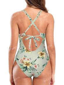 SHEKINI Ladies' Deep V-Neck Hollow Floral Printed One-Piece Swimsuit With Straps Summer