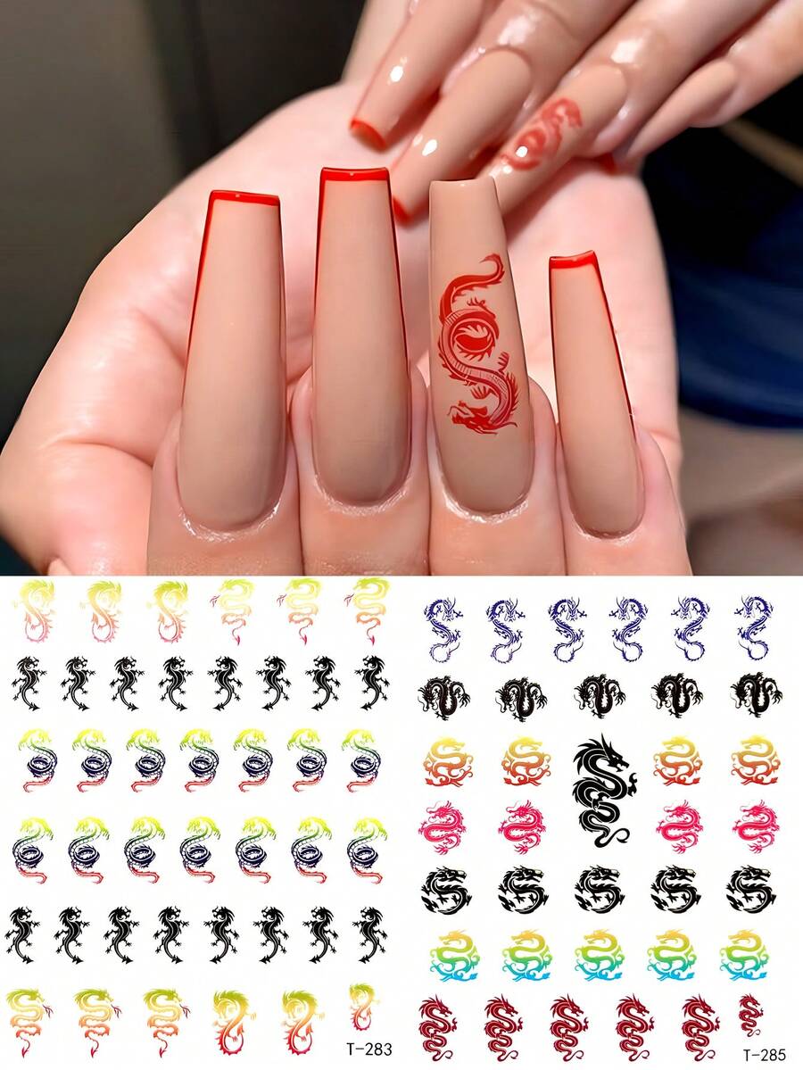 2入組風龍紋美甲貼紙，白紅色龍紋美甲貼紙DIY自粘式美甲裝飾 - 彩色 - 查看 1
