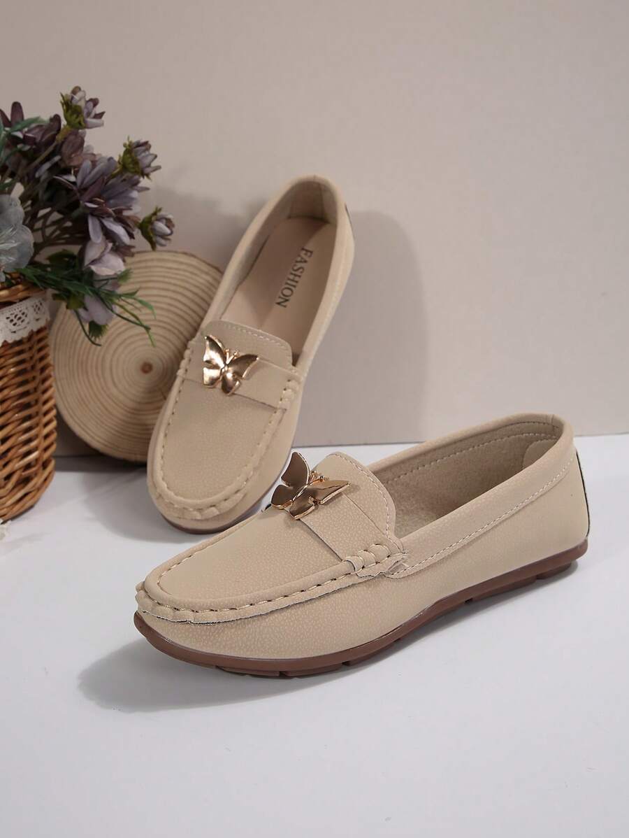 Women's Gold Butterfly Hand-Sewn Thread Flat Shoes For Spring/ Autumn Travel And Casual Wear, Athletic Style Loafers - Apricot - View 1