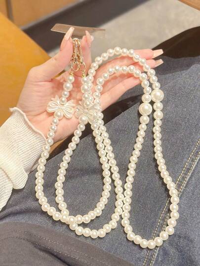 1pc White Bow/Flower/Shiny Circle Decorated Long Pearl Necklace