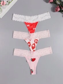 Morvia Mujer Morvia, paquete de 3 tangas sexys con encaje de contraste, estampado de frutas coloridas, conjunto de ropa interior multicolor