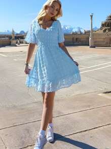 女士V領荷葉袖子瑞士斑點紋A型休閒連衣裙 - 淺藍色 - 查看 4