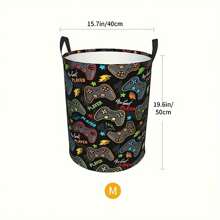 Controller de jocuri Coș de depozitare pliabil Gamer Art Coș de rufe pentru jocuri - 19,6 in (H) X 15,7 in (L), 1 coș rotund pentru rufe și 1 coș dreptunghiular, coș pentru rufe pentru băieți, coș pentru rufe murdare, geantă organizatoare de haine murdare Coș de cadou pentru camera de zi Camera băieților Dormitor Baie Decor camerei de jocuri - Negru - Vizualizare 8