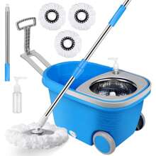 Spin Mop And Bucket With Wringer Set On Wheels, 360° Spinning Mop Bucket System With 3 Microfiber Mop Replacement Heads And 61" Stainless Steel Adjustable Handle For Floor Cleaning (Blue) - Blue - View 1