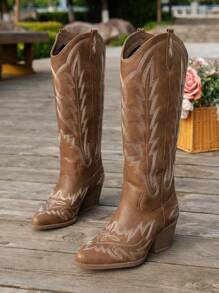 Women's Fashionable Slip-On Solid Color Wedge Heel Boots With Embroidered Flowers