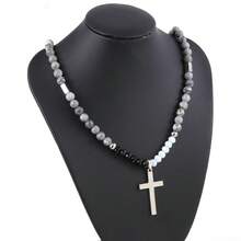 Men's Stainless Steel Tiger Eye Beaded Cross Pendant Necklace - Silver - View 10