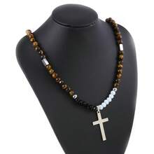 Men's Stainless Steel Tiger Eye Beaded Cross Pendant Necklace - Silver - View 8