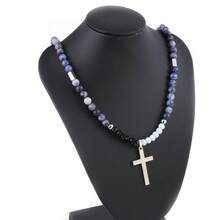 Men's Stainless Steel Tiger Eye Beaded Cross Pendant Necklace - Silver - View 9