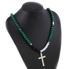 Men's Stainless Steel Tiger Eye Beaded Cross Pendant Necklace - Silver - View 7
