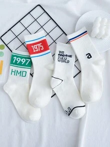 4 Pairs Of Fashion Alphanumeric Stripes Simple Versatile Comfortable Breathable Women's Tube Socks - Multicolor - View 3