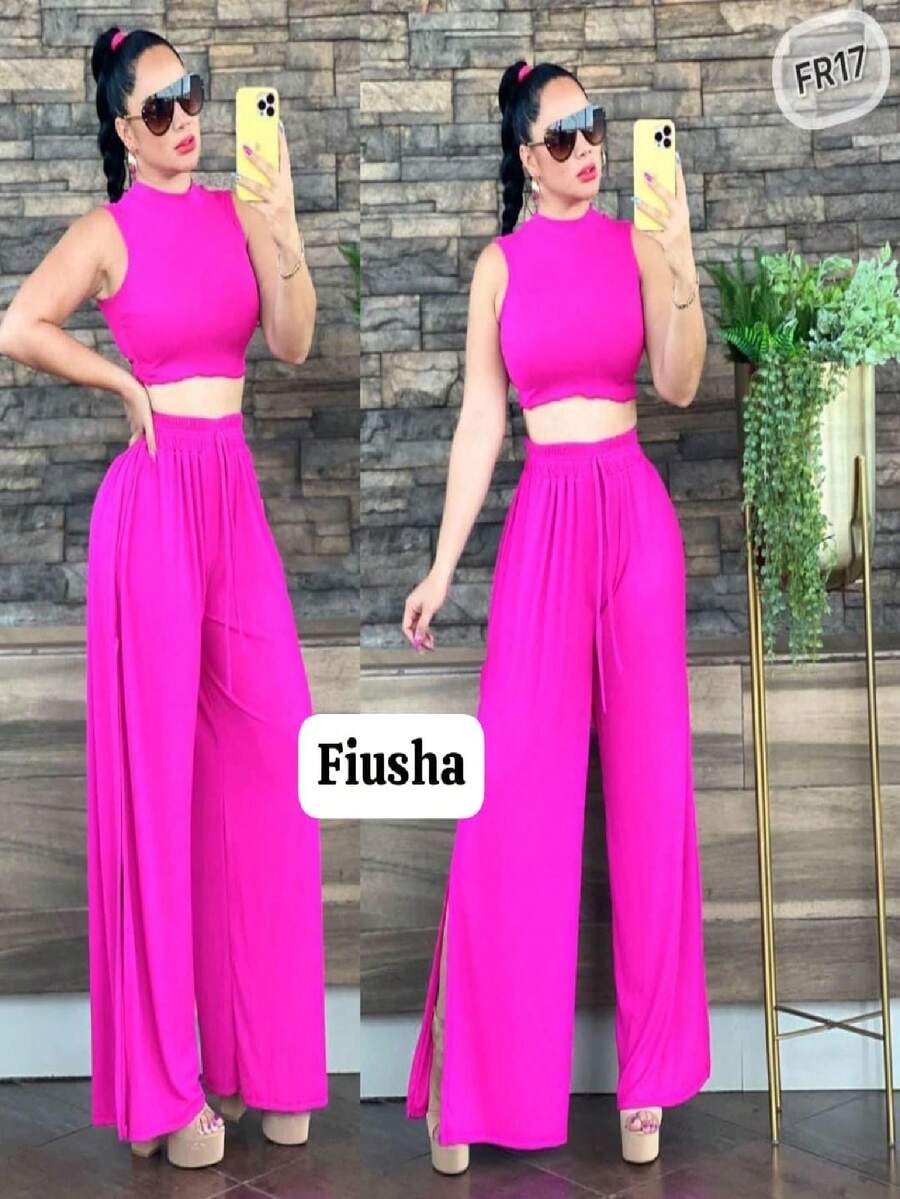 P.PANTALON ABIERTO CON TOP BLUSA CONJUNTO CAMPANA SET 2 PIEZAS SUAVE FRESCO AJUSTABLE UNITALLA FIESTA CASUAL FORMAL - Rosa Fucsia - Ver 1