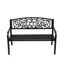 Outdoor Steel Garden Bench Park Bench, 50 Inch Patio Welcome Bench With Slated Seat & Floral Design Backrest - Black - View 4