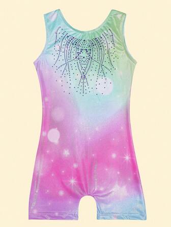 Young Girl Gymnastics Leotard, Sleeveless Rhinestone Romper