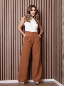 Women Pants - 卡其色 - 查看 1