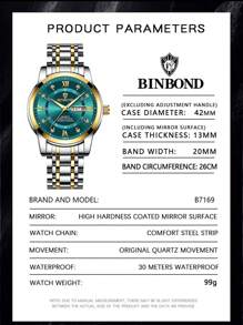 BINBOND Luxury Watch For Man Elegant Date Week Waterproof Luminous Men Watch Quartz Stainless Steel Sports Men's Watches - 綠色 - 查看 6