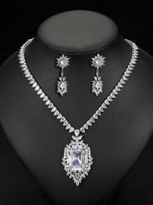 1 juego de 3 piezas de collar y aretes de circonita cúbica de estilo europeo; adecuado para bodas, banquetes y otras ocasiones de alta gama; decoraciones con forma de rectángulo y lágrima para ropa de mujer festiva