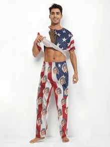 [DIY] 定制男士短袖睡衣套装，人物照片定制，礼物和新奇，有趣的大头/脸替换，轻盈、透气、快干的舒适面料，送给朋友/伴侣、派对/生日的礼物 - 紅白色 - 查看 4