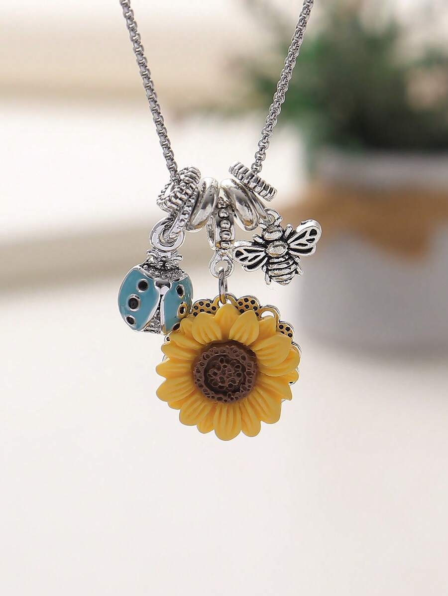 1 件波西米亚向日葵绘画蜜蜂和蜜蜂不锈钢项链，适合女士海滩和休闲装扮，度假礼物情人节、妈妈、母亲、母亲节、礼物 - 彩色 - 查看 1