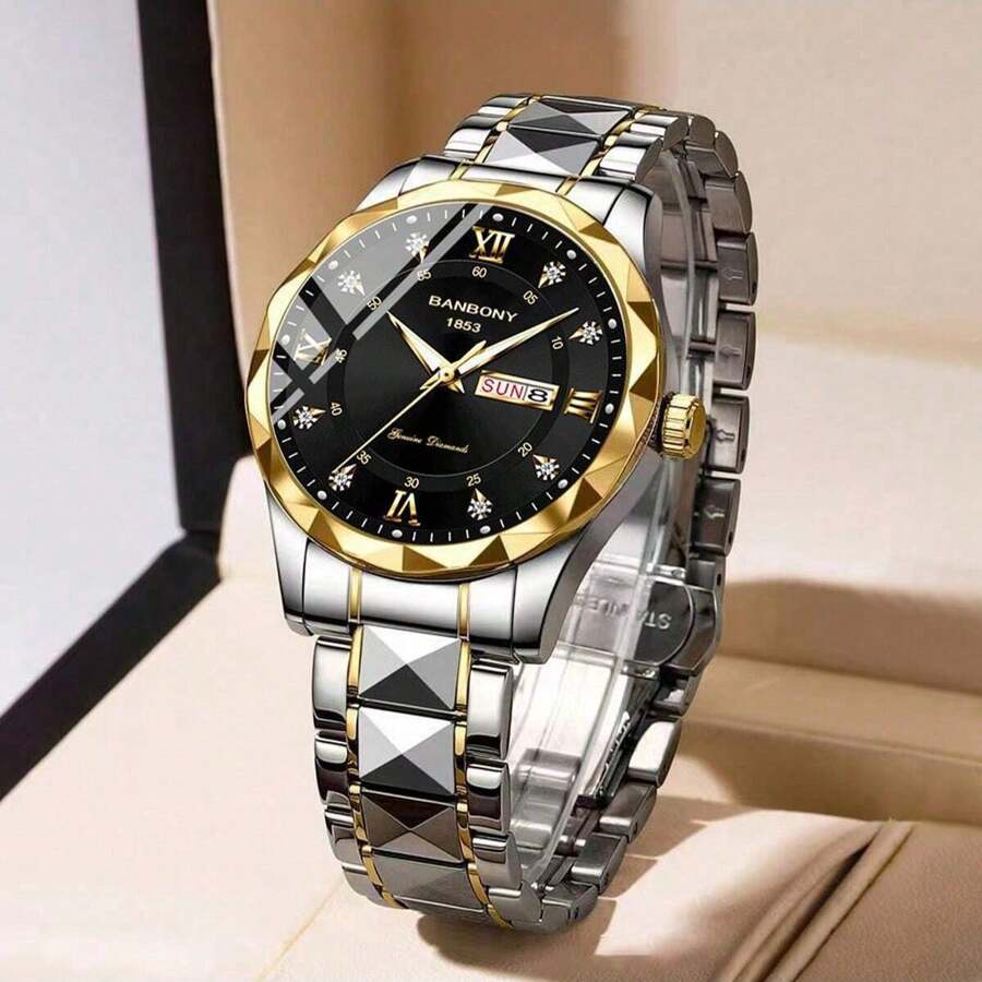 Nuevo reloj de cuarzo para hombre con correa de acero inoxidable, pantalla de semana y fecha, elegante y simple estuche con forma de rombo, reloj deportivo luminoso, casual y resistente al agua multifuncional ideal para cumpleaños, festivales y regalos - Multicolor - Ver 1