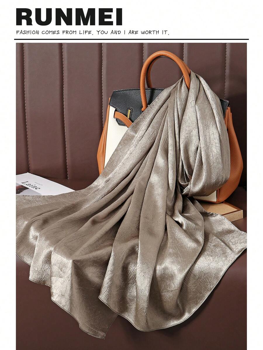 1 chiếc khăn trùm đầu bằng vải satin trơn màu thanh lịch tối giản dành cho nữ, nhăn tự nhiên, có thể dùng làm khăn trùm đầu cho Abaya - Màu Khaki - Xem 1