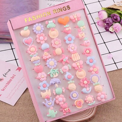 10pcs Girls Cartoon Shaped Resin Rings, Princess Rings, Party Decorative Accessories (Random Color & Style, No Box)