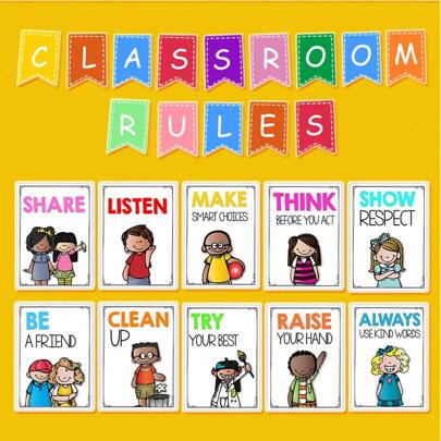 Lachilly 10pcs Classroom Rules Education Poster Set, Suitable For Preschool, Kindergarten, Playroom Decor, Daycare Center Wall Decor - Essential For Early Childhood Education - Children Posters, Cultivate Good Habits And Etiquette, Promote Child Development, A4 Size