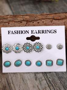 復古西部風格鑲嵌綠松石耳環，6對組合，款式各異 - 復古銀色 - 查看 1