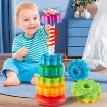 彩虹塔堆叠嵌套环旋转陀螺不倒翁玩具，适合 1 岁以上婴儿的早期教育学习玩具 - 彩色 - 查看 2