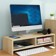 Soporte de madera para monitor de computadora con almacenamiento, elevador de escritorio para uso doméstico y de oficina, soporte para portátil, organizador de oficina - Marrón - Ver 3