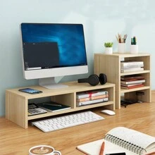 Soporte de madera para monitor de computadora con almacenamiento, elevador de escritorio para uso doméstico y de oficina, soporte para portátil, organizador de oficina - Marrón - Ver 2