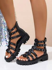 Sandalias romanas de cuña de moda terrosa casuales para mujeres con cremallera trasera, tamaño ajustable, de color negro con correas decoradas a mano con cuentas