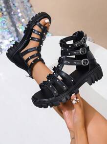 Sandalias romanas de cuña de moda terrosa casuales para mujeres con cremallera trasera, tamaño ajustable, de color negro con correas decoradas a mano con cuentas