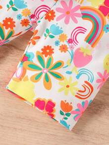 Young Girls Valentine's Day Casual Floral, Rainbow, Sunshine Print Short Sleeve Top And Shorts Set, Suitable For Outdoor, Beach, Vacation - Hot Pink - View 7