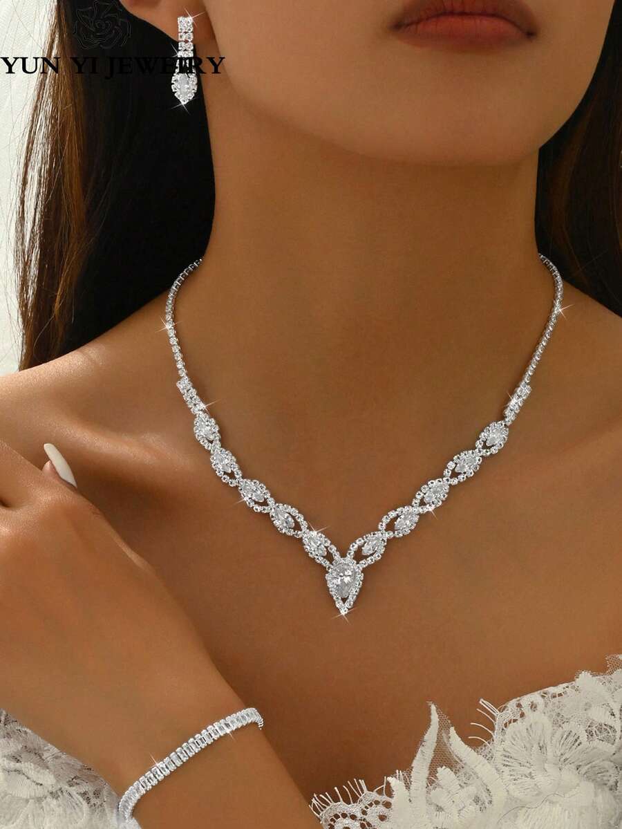 4 Stücke europäische und amerikanische High-End-Kubikzirkonia Schmuck Set Halskette Retro Collarbone Kette Fashion All-Match Accessoire - Verschiedenfarbig - Übersicht 1