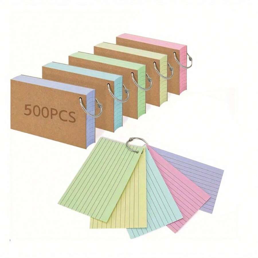 500 Pcs Index Cards, 3x5 Inches Colored Flash Cards With Ring, Lined Notecards Ruled Study Card Flashcards Heavy Note Cards For Studying, Learning, School, College - As Shown - View 1