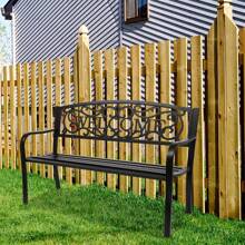 Outdoor Steel Garden Bench Park Bench, 50 Inch Patio Welcome Bench With Slated Seat & Floral Design Backrest - Black - View 1
