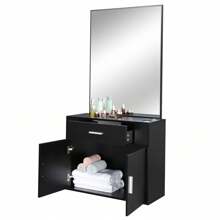 Wall Mount Salon Station Hair Styling, Barber Salon Stations With Mirror, 1 Storage Cabinet, 1 Drawers, 2 Hair Dryer Holders For Hair Stylist Beauty Spa Equipment - 黑色 - 查看 5