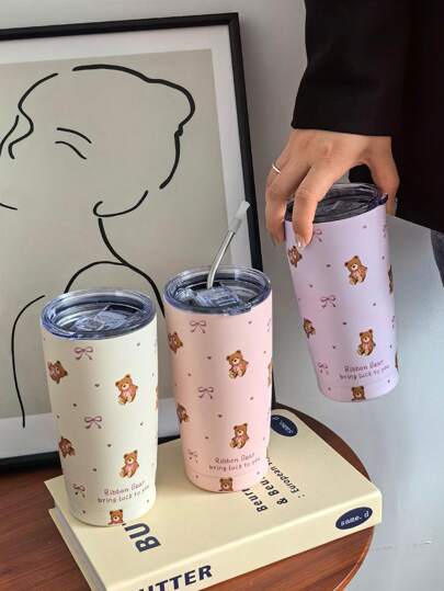 1pc 20oz/600ml Bowknot Cute Bear Insulated Cup, Cold/Hot Drinking Mug, Vacuum Bottle For Camping, Coffee, Festival & Birthday Gift (Without Straw) Water Bottle Back To School