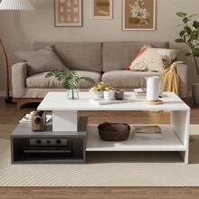 Coffee Table, Modern Rectangular Coffee Table, Sofa Side Table, Wooden Center Table, 2 Levels - White - View 2