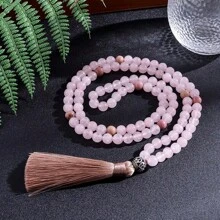 8 毫米玫瑰石英 108 颗念珠项链套装 - 大型个性珠子，真正的宝石，传统冥想设计，精致的手工项链，用于精神连接和正念 - 天然粉晶ohm套裝 - 查看 7
