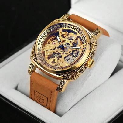 FORSINING 1pc Luxury Vintage Gold Square Hollow Automatic Mechanical Men's Watch, Exquisite Engraved Case, Luminous Hands, Brown Leather Strap, Business & Casual Men's Wristwatch, Gift